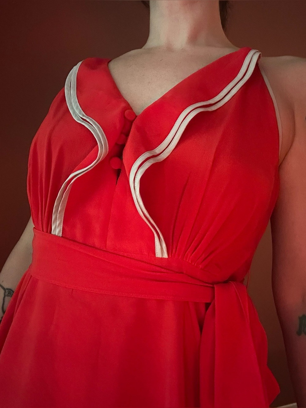 Anthropologie (Girls From Savoy) red a-line midi dress with belt & side zipper